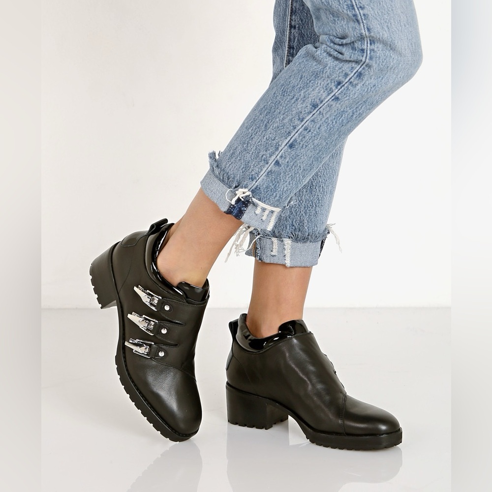 Miista Black Leather Ankle Booties with Silver Buckles